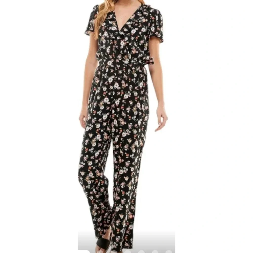 Kingston Grey Floral‎ Jumpsuit Womens Large Black Ruffle Wrap Wide Leg